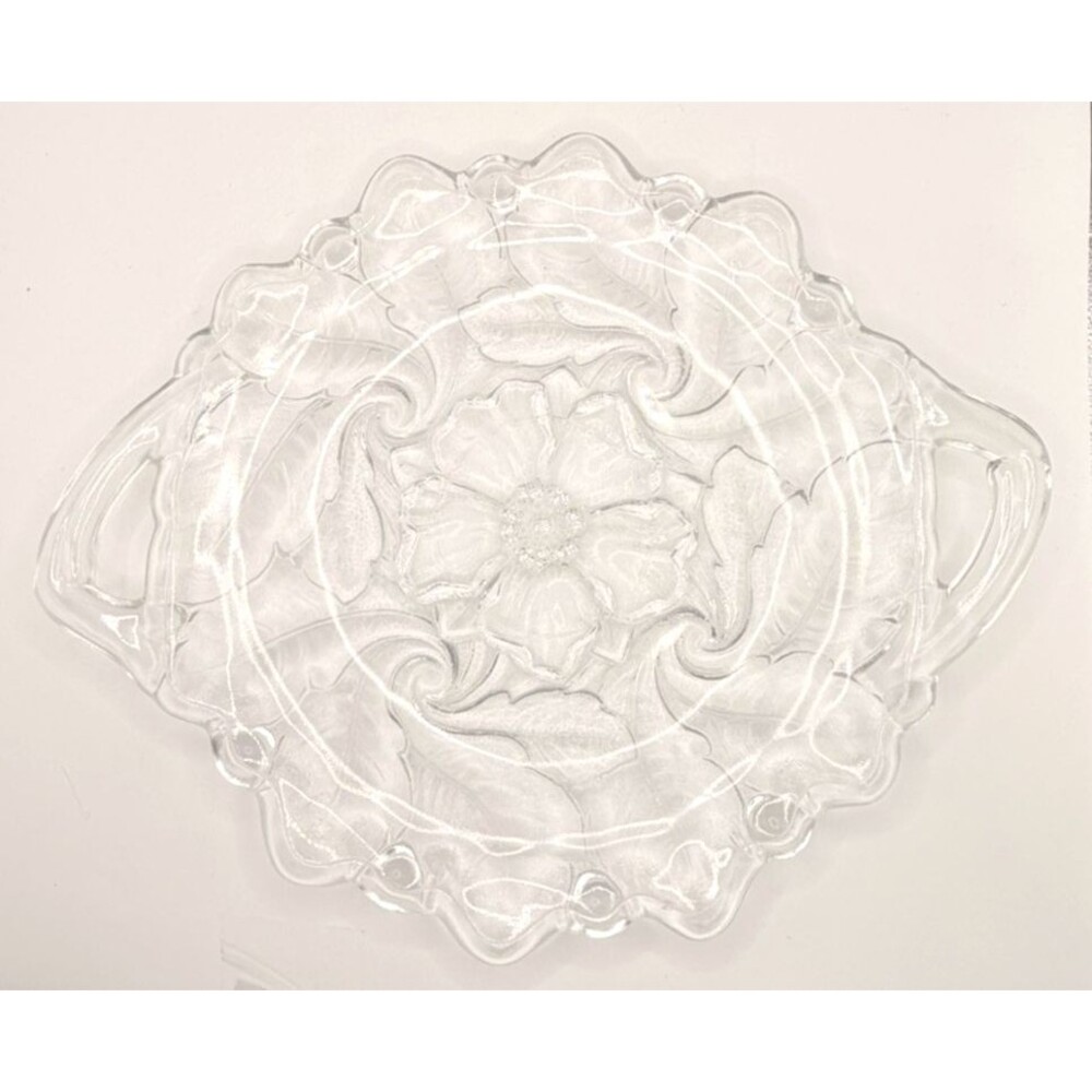 Indiana Glass Wild Rose Clear Glass Handled Cake Plate 12" Vintage Serving Tray